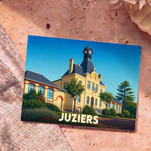 Carte postale souvenir de la ville de Juziers avec une illustration stylisée de sa mairie.