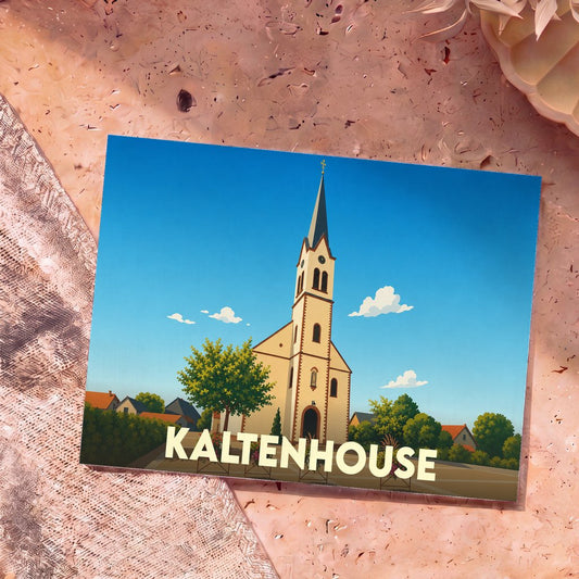 Carte postale souvenir de la ville de Kaltenhouse illustrant son église dans un style graphique épuré.