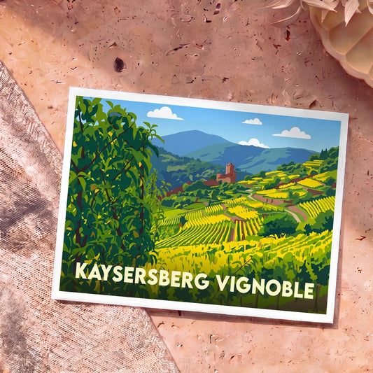 Carte postale souvenir de la ville de Kaysersberg Vignoble avec une illustration stylisée de ses vignobles et de son château.
