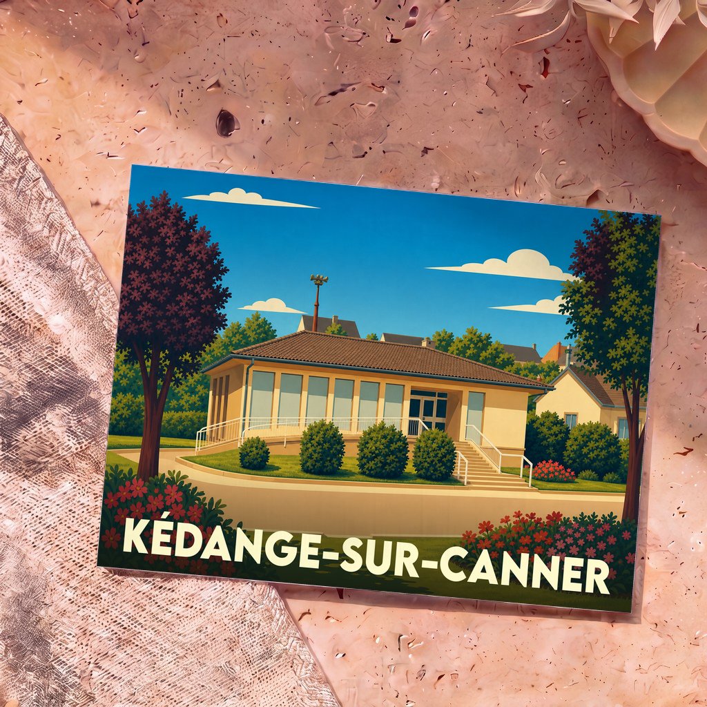 Carte postale souvenir de la ville de Kédange-sur-Canner avec une illustration stylisée d'un bâtiment local.