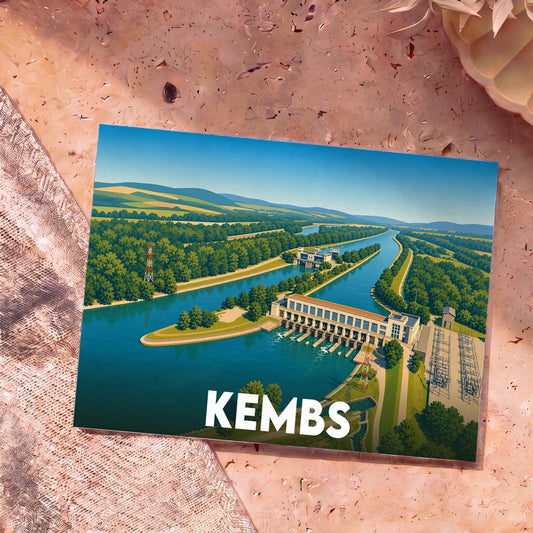 Carte postale souvenir de la ville de Kembs avec une illustration stylisée de sa centrale hydroélectrique.