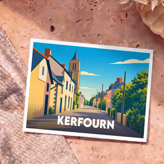 Carte postale souvenir de la ville de Kerfourn avec une illustration stylisée d'une rue typique et de son clocher.