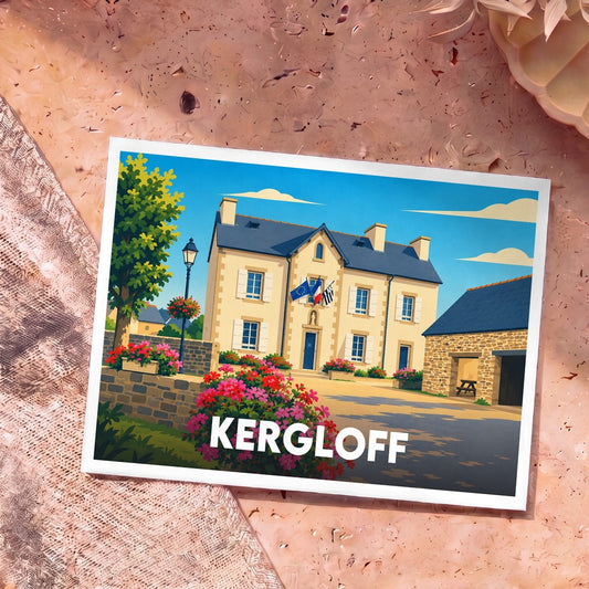 Carte postale souvenir de la ville de Kergloff avec une illustration stylisée de sa mairie fleurie.