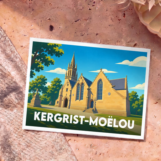 Carte postale souvenir de la ville de Kergrist-Moëlou avec une illustration stylisée de son église.
