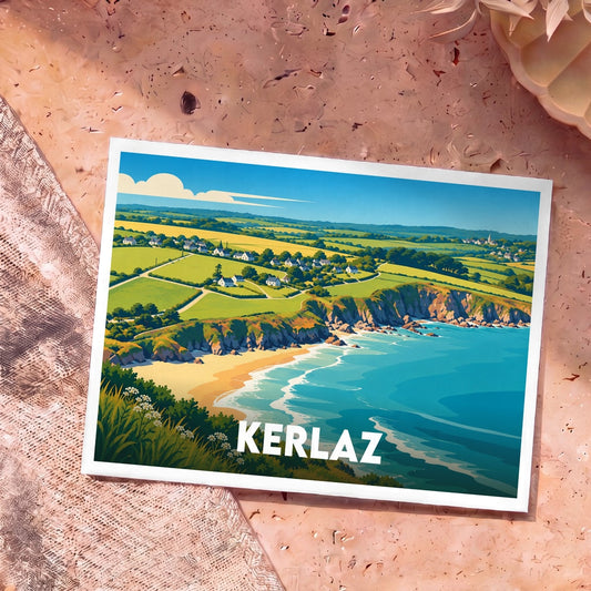 Carte postale souvenir de la ville de Kerlaz avec une illustration stylisée d'un paysage côtier breton.