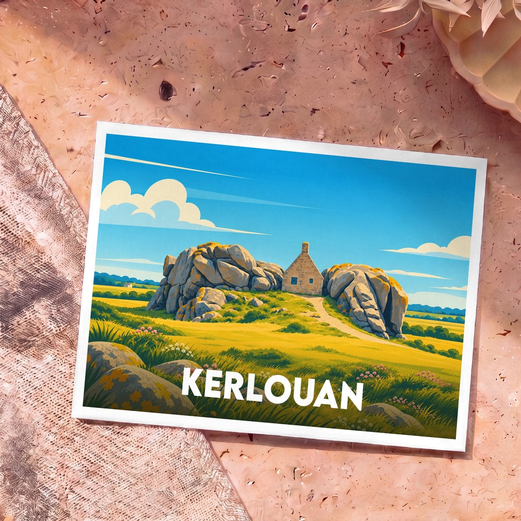 Carte postale souvenir de la ville de Kerlouan illustrant une maison nichée entre d'imposants rochers dans un style graphique épuré.