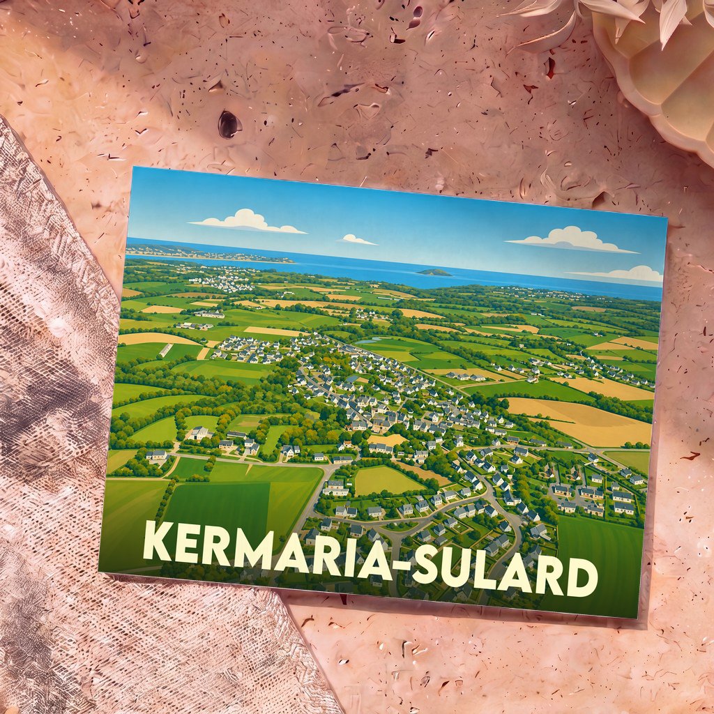 Carte postale souvenir de la ville de Kermaria-Sulard avec une vue aérienne illustrée et stylisée.