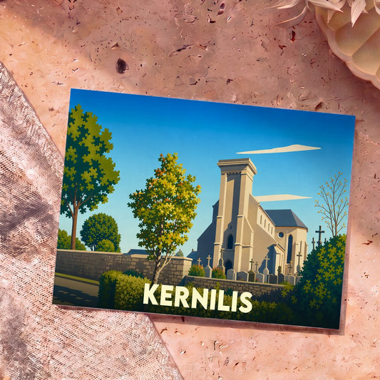Carte postale souvenir de la ville de Kernilis avec une illustration stylisée de son église et de son cimetière.