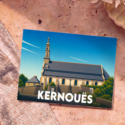 Carte postale souvenir de la ville de Kernouës avec une illustration stylisée de son église.