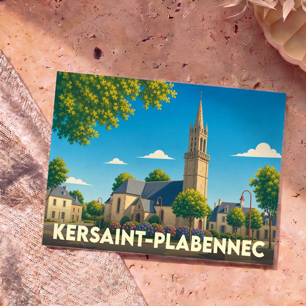 Carte postale souvenir de la ville de Kersaint-Plabennec avec une illustration stylisée de son église sous un ciel bleu.