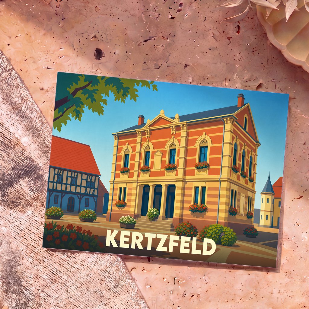 Carte postale souvenir de la ville de Kertzfeld avec une illustration colorée de son hôtel de ville.