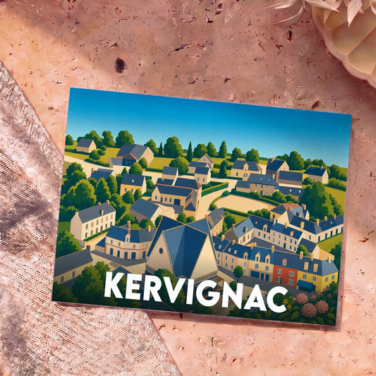Carte postale souvenir de la ville de Kervignac avec une illustration stylisée et colorée du village.