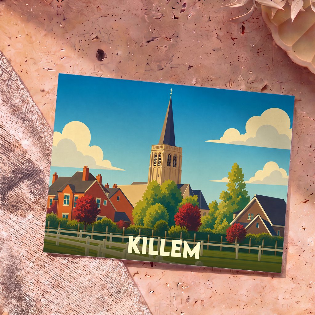 Carte postale souvenir de la ville de Killem avec une illustration stylisée montrant son église et ses maisons.