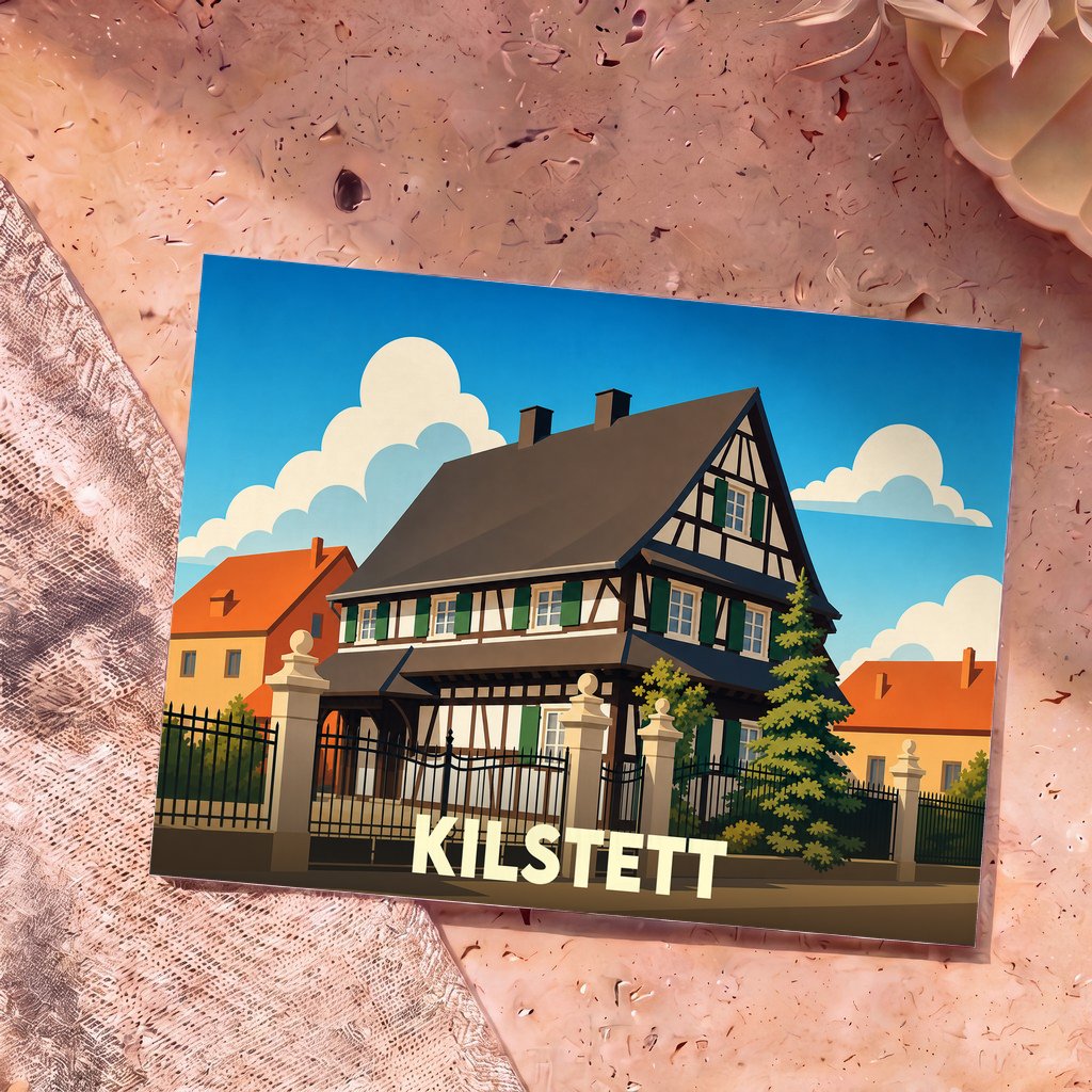 Carte postale souvenir de la ville de Kilstett avec une illustration stylisée d'une maison à colombages.