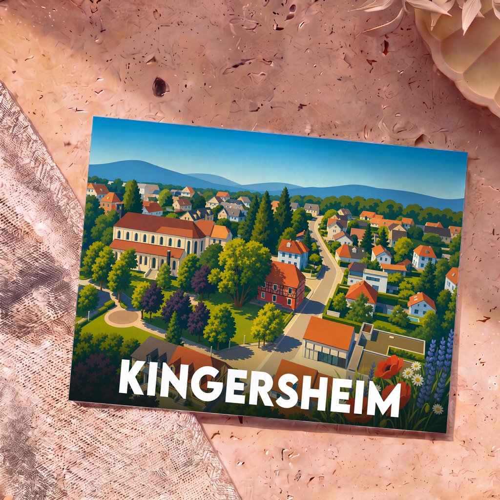 Carte postale souvenir de la ville de Kingersheim avec une illustration stylisée et colorée.
