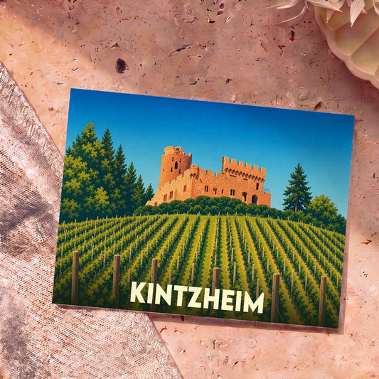Carte postale souvenir de la ville de Kintzheim illustrant son château et ses vignobles dans un style graphique épuré.