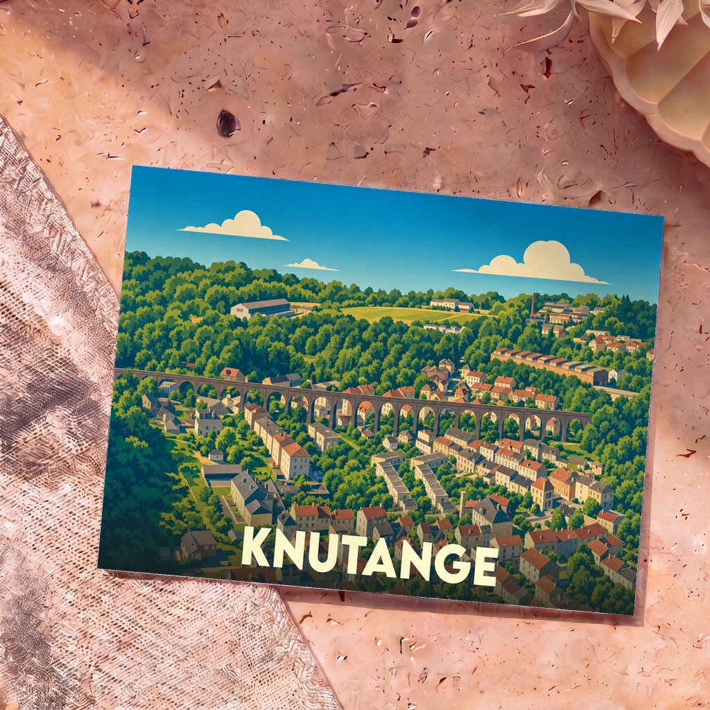 Carte postale souvenir de la ville de Knutange avec une illustration stylisée d'un viaduc surplombant la vallée.