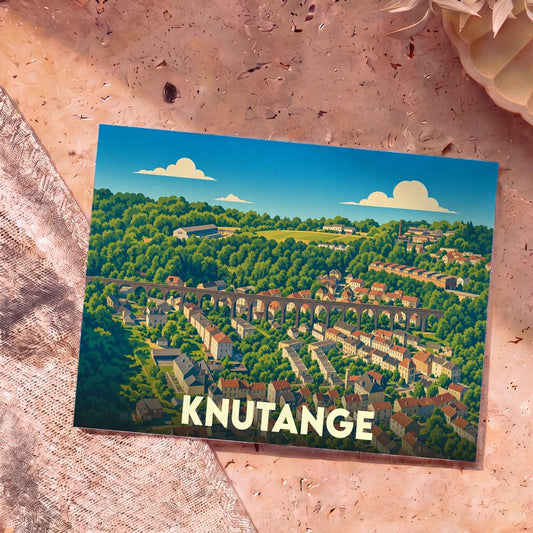 Carte postale souvenir de la ville de Knutange avec une illustration stylisée d'un viaduc surplombant la vallée.