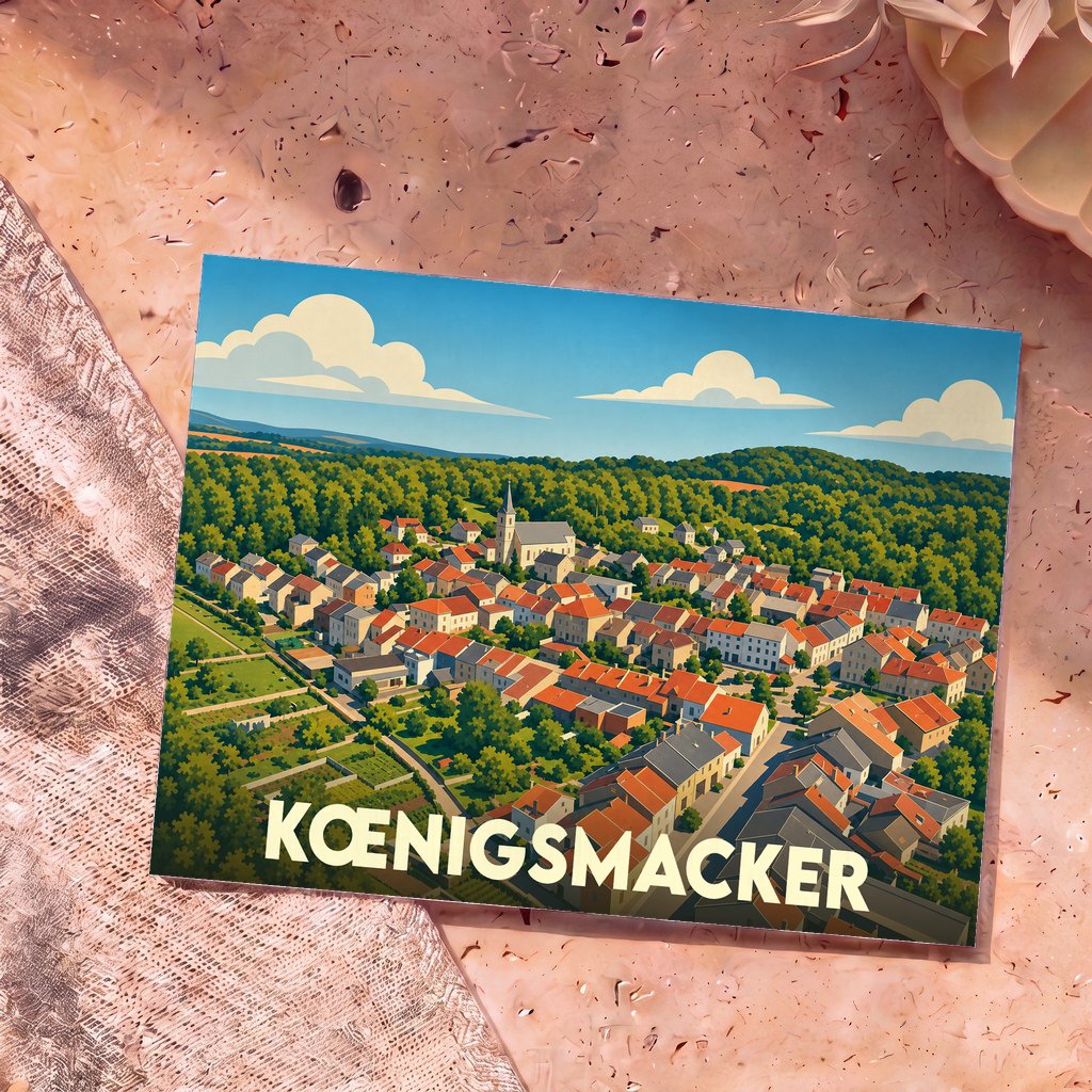 Carte postale souvenir de la ville de Kœnigsmacker avec une illustration stylisée vue du ciel.