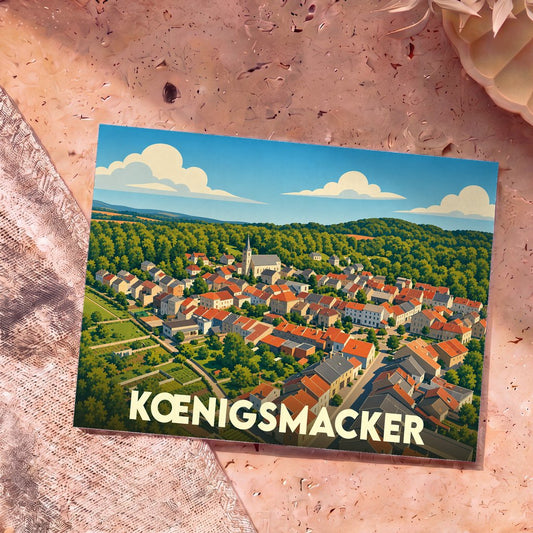 Carte postale souvenir de la ville de Kœnigsmacker avec une illustration stylisée vue du ciel.