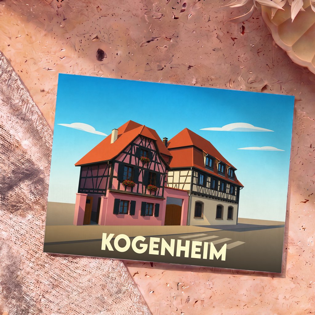 Carte postale souvenir de la ville de Kogenheim avec une illustration stylisée de maisons alsaciennes à colombages.