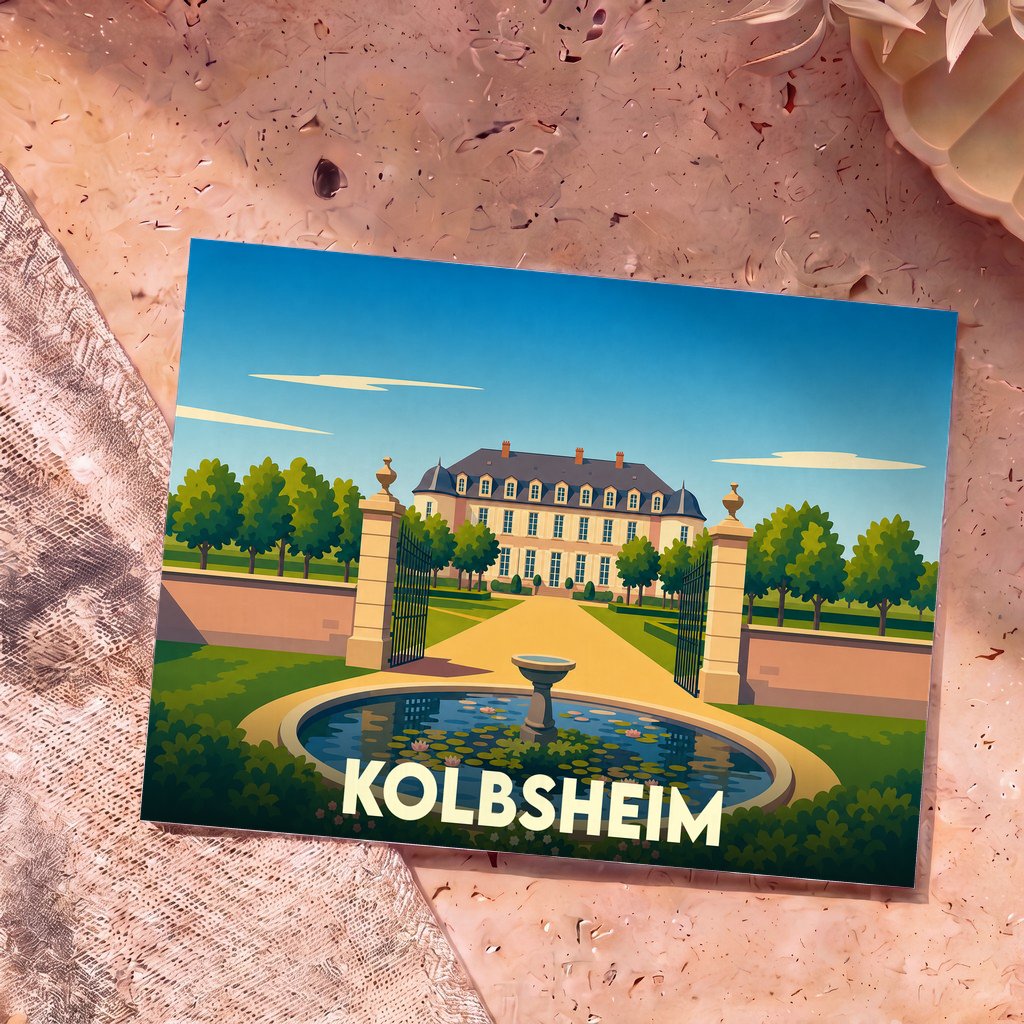Carte postale souvenir de la ville de Kolbsheim avec une illustration stylisée du château et de ses jardins.