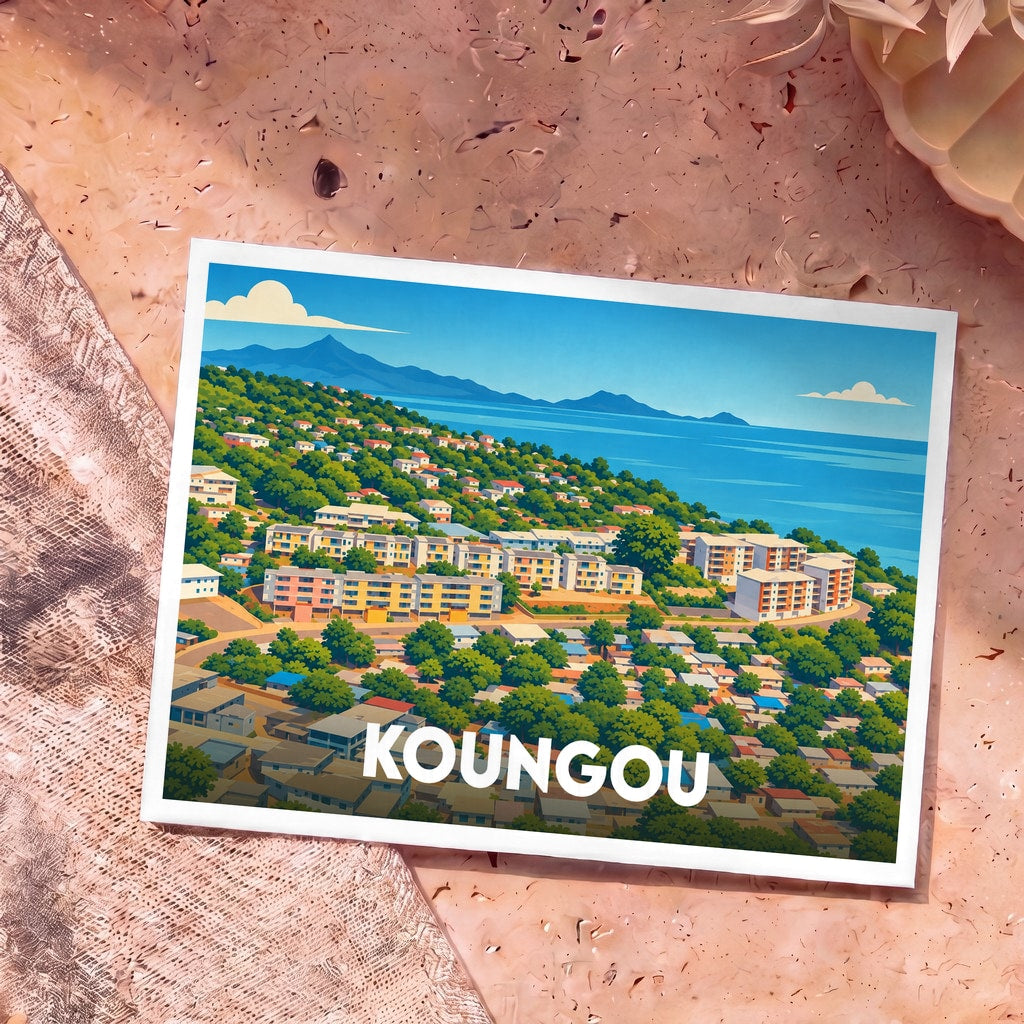 Carte postale souvenir de la ville de Koungou avec une illustration stylisée d'un paysage côtier urbain.