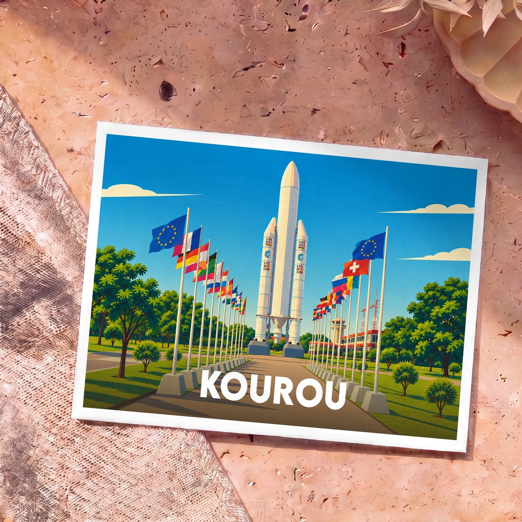 Carte postale souvenir de la ville de Kourou illustrant une fusée entourée de drapeaux européens.