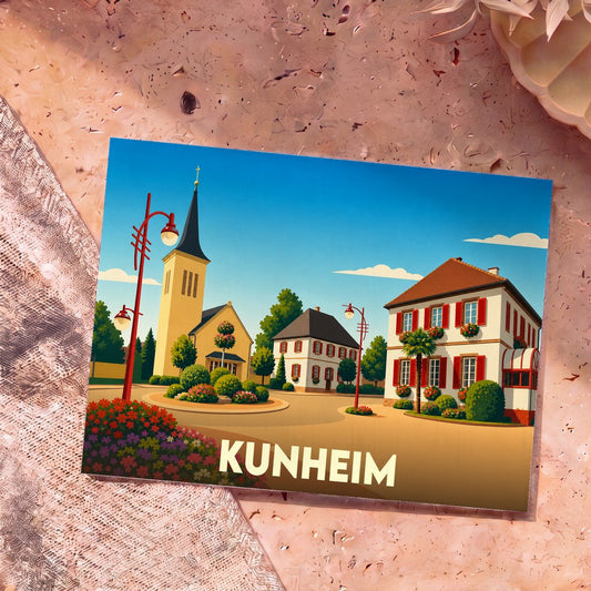 Carte postale souvenir de la ville de Kunheim avec une illustration colorée et stylisée de son centre-ville.
