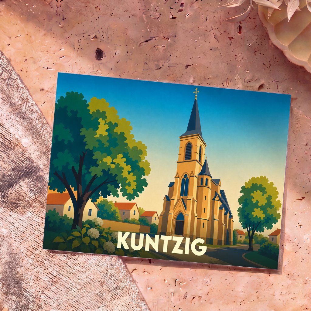 Carte postale souvenir de la ville de Kuntzig avec une illustration stylisée de son église et de ses paysages.