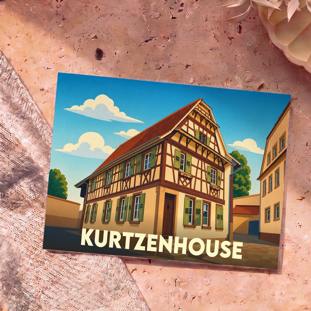 Carte postale souvenir de la ville de Kurtzenhouse avec une illustration stylisée d'une maison traditionnelle à colombages.