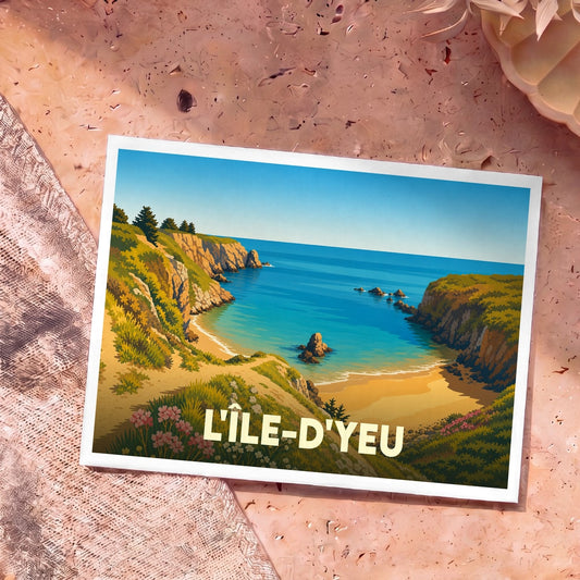 Carte postale souvenir de L'Île-d'Yeu illustrant une crique aux eaux turquoise bordée de falaises sauvages.