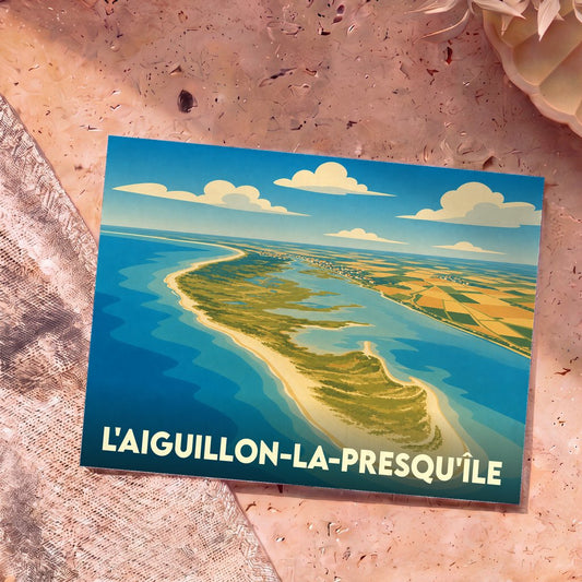 Carte postale souvenir de L'Aiguillon-la-Presqu'île présentant une vue aérienne illustrée du littoral et de la pointe de l'Arçay.