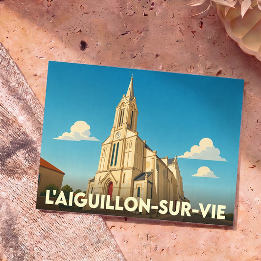 Carte postale souvenir de la ville de L'Aiguillon-sur-Vie avec une illustration stylisée de son église.