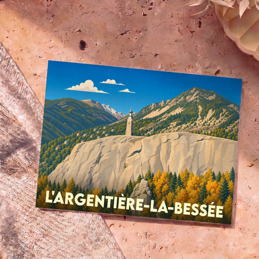 Carte postale souvenir de la ville de L'Argentière-la-Bessée avec une illustration stylisée de montagne.