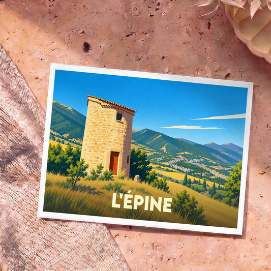 Carte postale souvenir de la ville de L'Épine avec une illustration stylisée d'une tour en pierre dans un paysage montagneux.