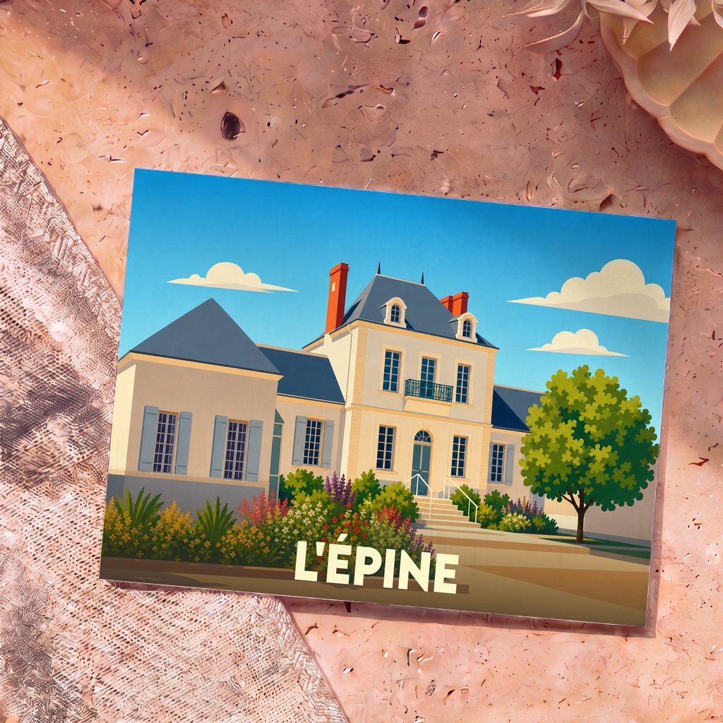 Carte postale souvenir de la ville de L'Épine avec une illustration stylisée d'une maison de maître.