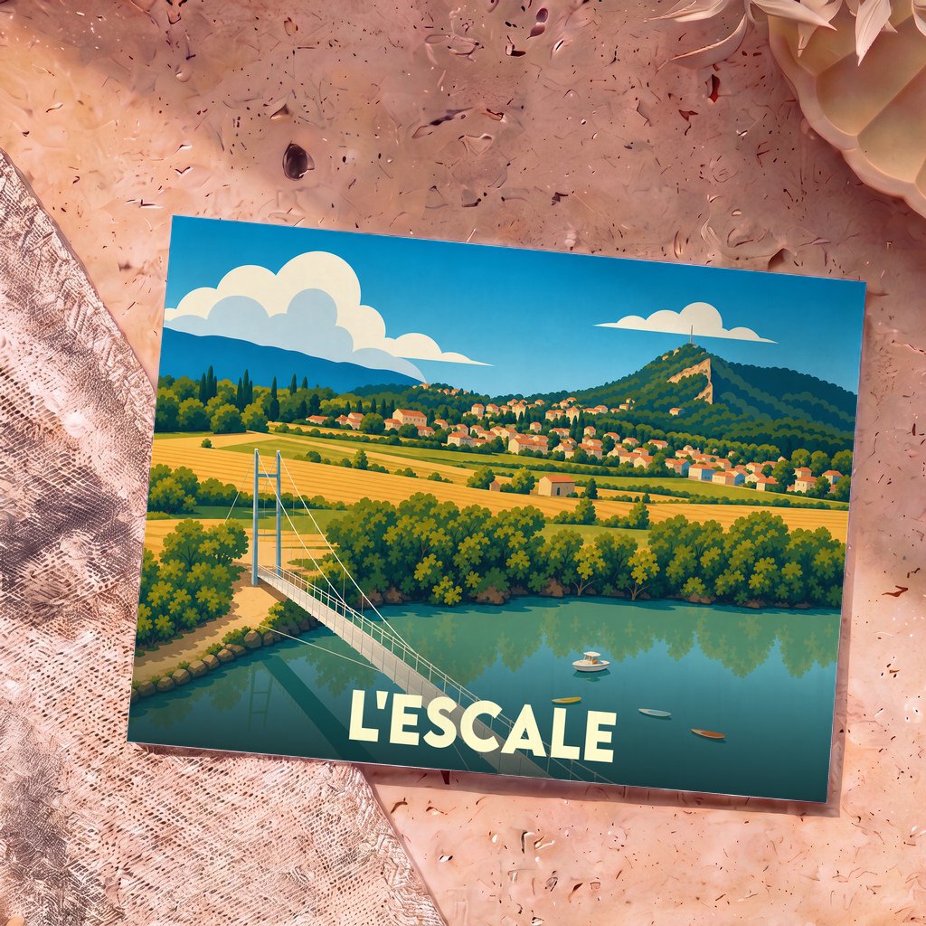 Carte postale souvenir de la ville de L'Escale avec une illustration stylisée.