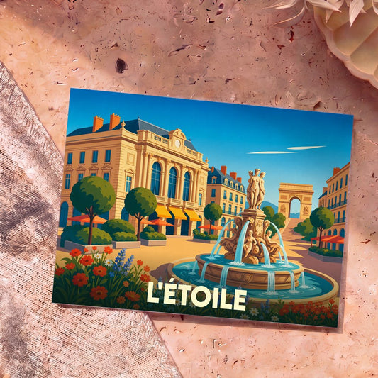 Carte postale souvenir de la ville de L'Étoile avec une illustration colorée d'une place ensoleillée, d'une fontaine et d'un arc de triomphe.