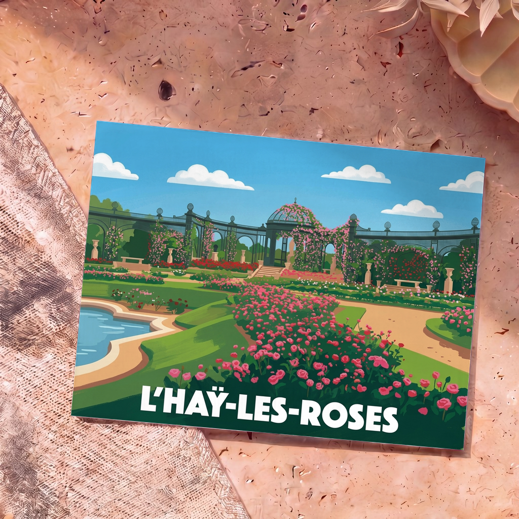 Carte postale souvenir de la ville de L'Haÿ-les-Roses illustrant son célèbre jardin de roses avec un style graphique coloré.