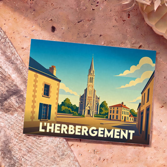 Carte postale souvenir de la commune de L'Herbergement avec une illustration stylisée de son église et de ses maisons.