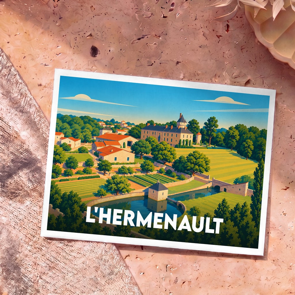Carte postale souvenir de la ville de L'Hermenault avec une illustration stylisée de son château et ses jardins.