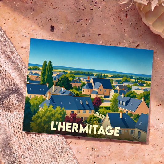 Carte postale souvenir de la ville de L'Hermitage avec une illustration stylisée de ses maisons et de son église.