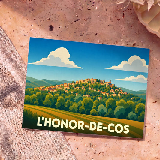 Carte postale souvenir de L'Honor-de-Cos avec une illustration stylisée d'un village perché au milieu des arbres.