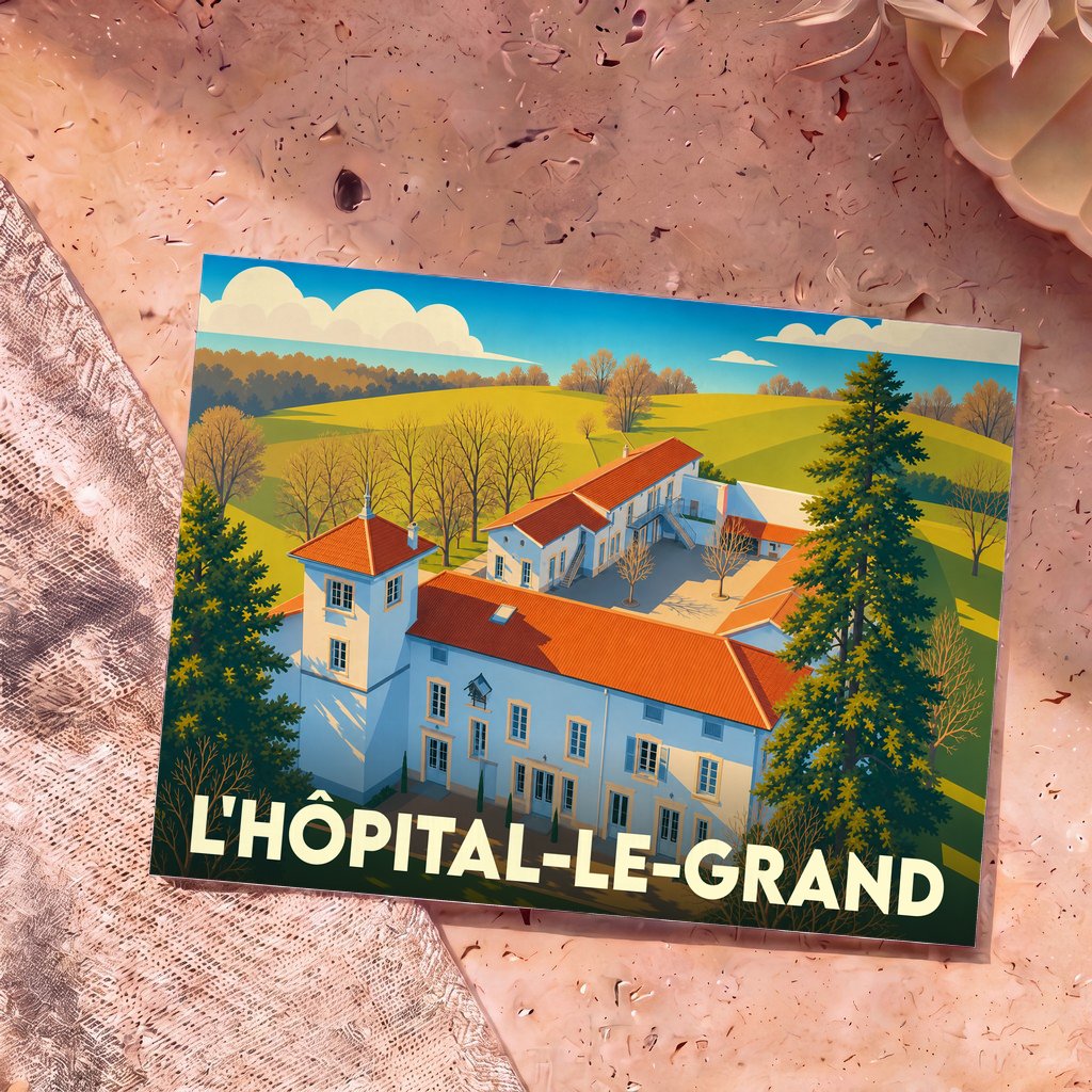 Carte postale souvenir de la ville de L'Hôpital-le-Grand avec une illustration stylisée d'une grande bâtisse provençale.