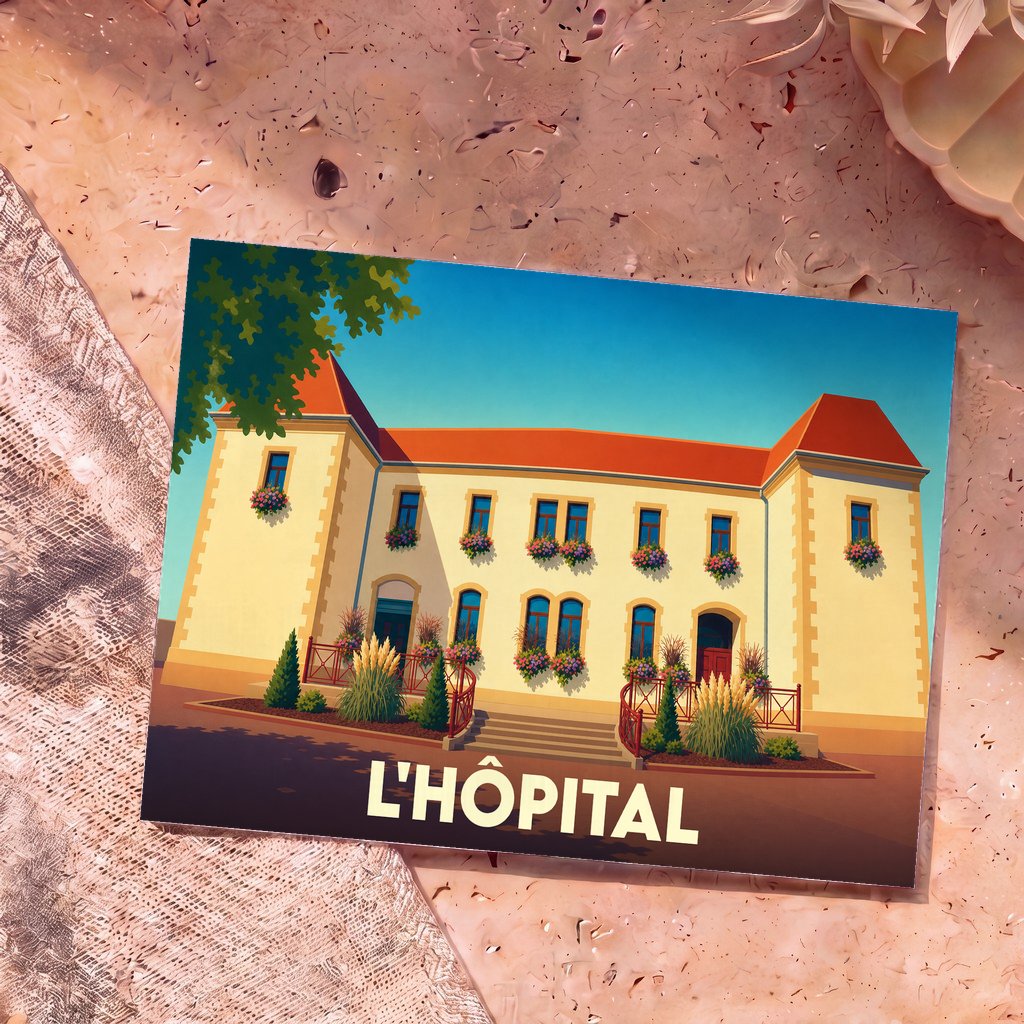 Carte postale souvenir de la ville de L'Hôpital avec une illustration stylisée d'un bâtiment fleuri.