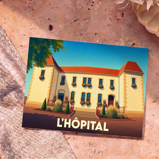 Carte postale souvenir de la ville de L'Hôpital avec une illustration stylisée de son bâtiment emblématique.