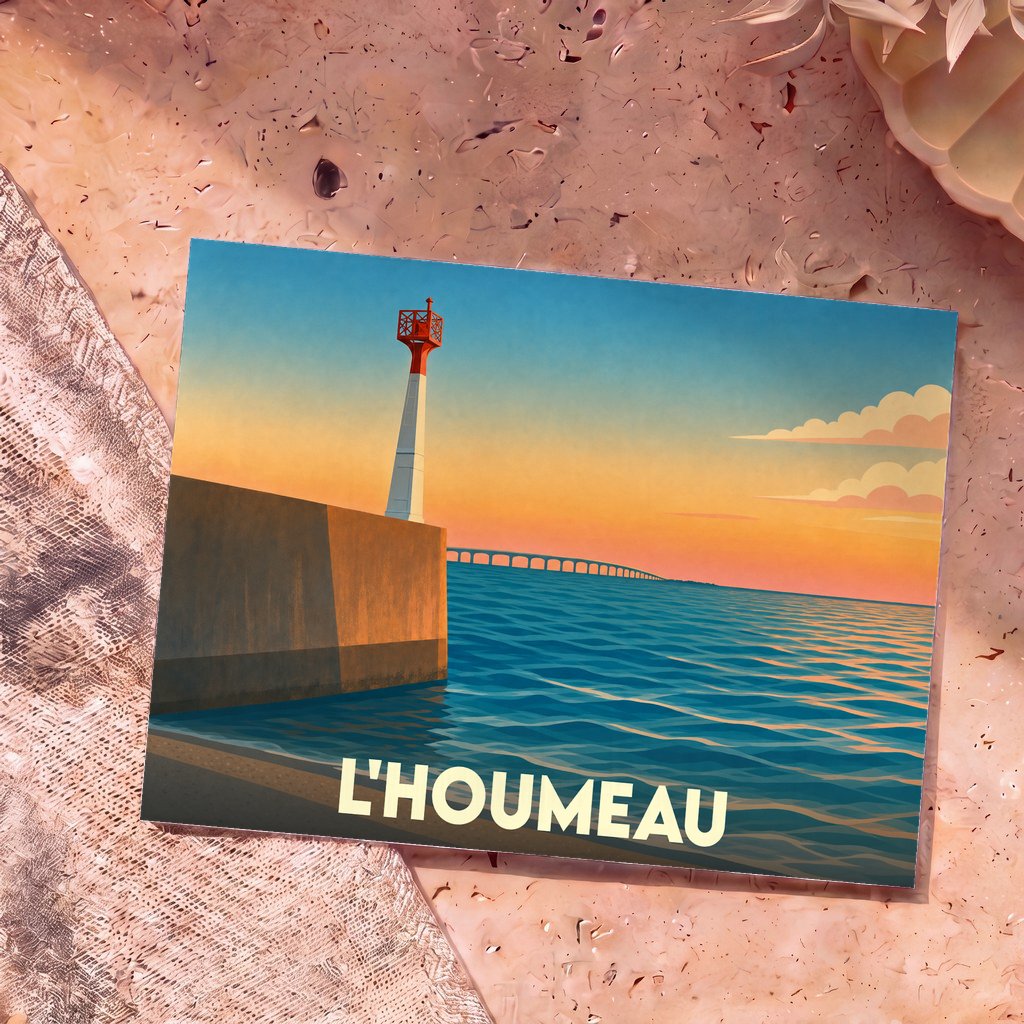 Carte postale souvenir de la ville de L'Houmeau illustrant son phare et le pont de l'île de Ré au coucher du soleil.