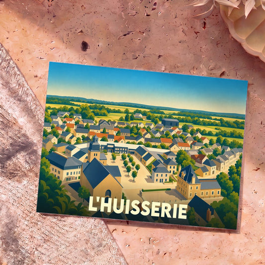 Carte postale souvenir de la ville de L'Huisserie avec une illustration stylisée vue du ciel.