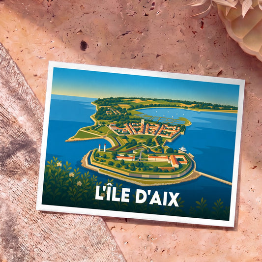 Carte postale souvenir de L'Île d'Aix illustrant une vue aérienne stylisée et colorée de ses fortifications.